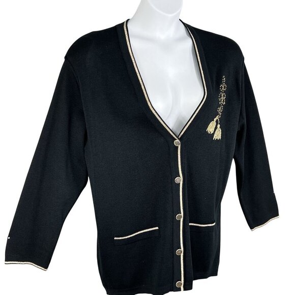 Talbots Womens XL Black Wool Cardigan Gold Embroidery Italy Made Button Up Artsy - Picture 6 of 16
